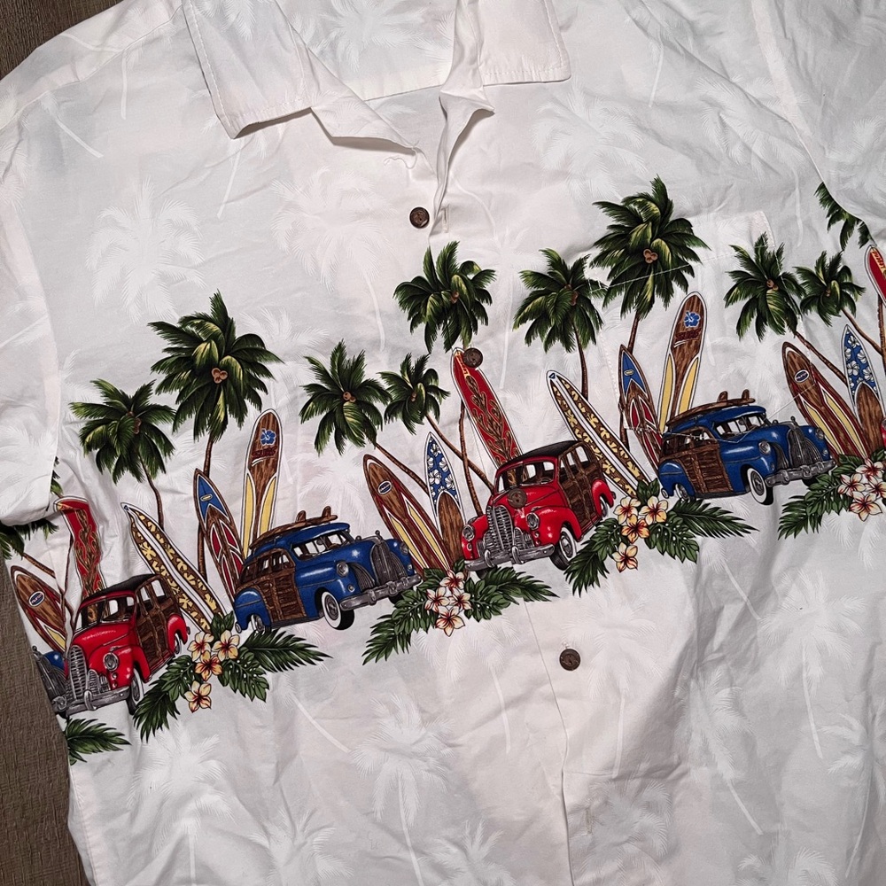 Pacific Legend Men’s Hawaiian Button Shirt XL USA Old Cars palm trees Surf Board